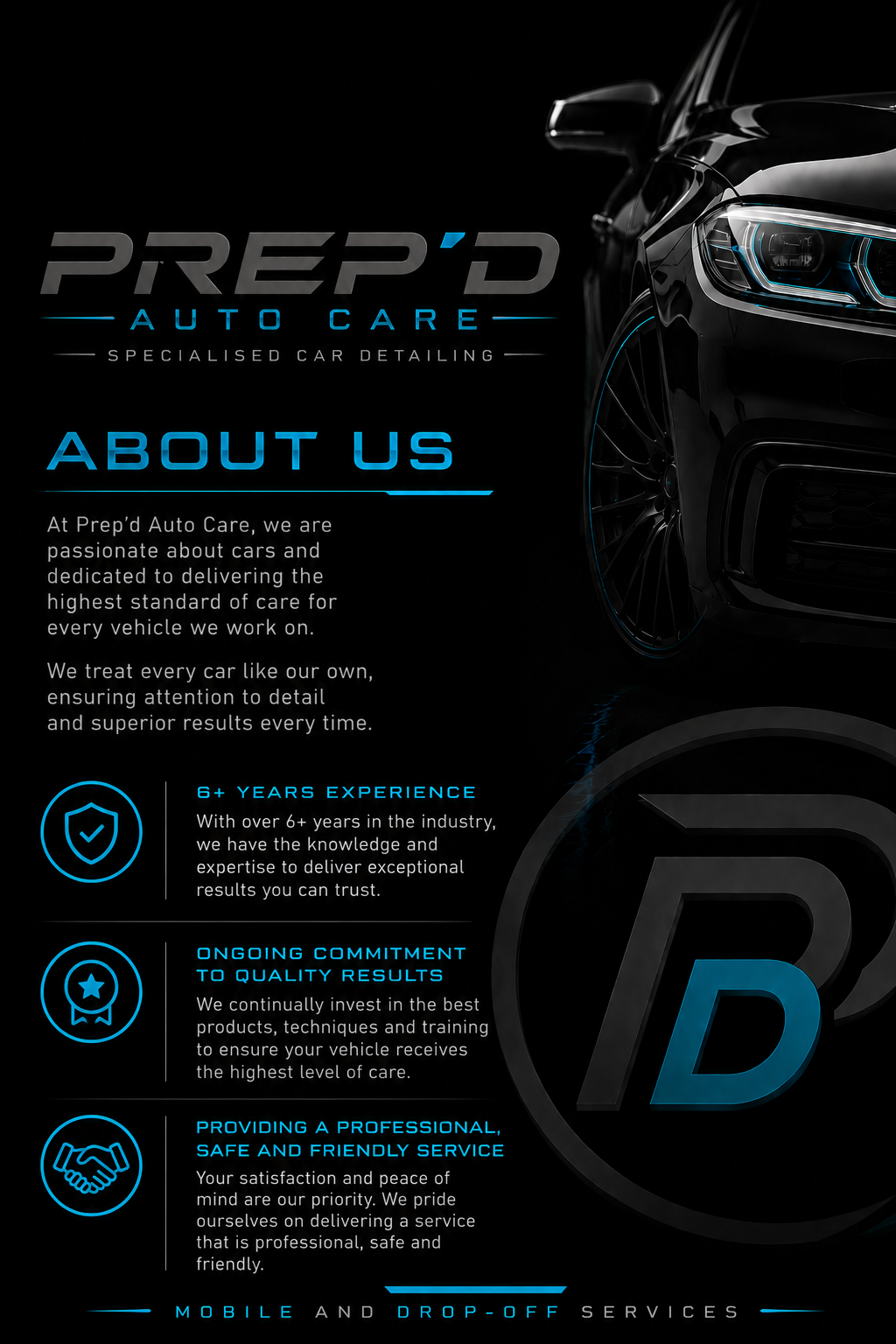 A promotional flyer for Prep'd Auto Care featuring a black car with blue accents, and the company logo 'PD' in the background.