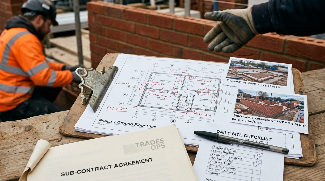 Construction site with plans, photographs of brickwork, and a worker in an orange safety vest working on a brick wall.