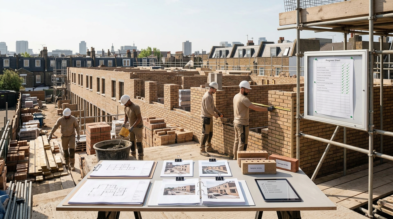 Construction workers building brick walls on an outdoor rooftop construction site with city skyline in the background, with construction plans and progress sheets on a table in the foreground.