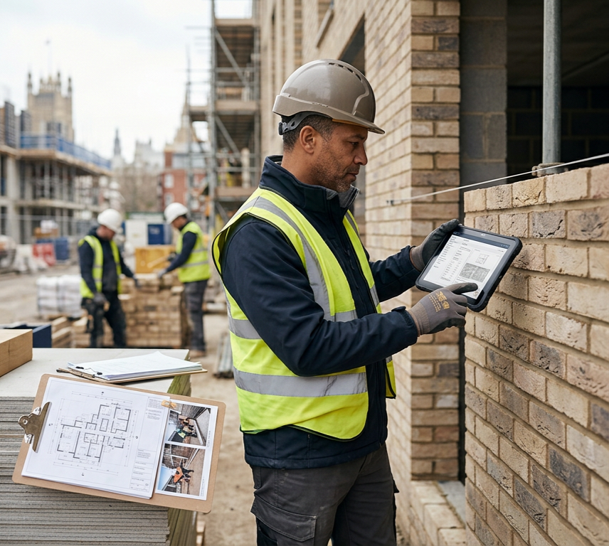 Construction worker wearing a helmet and safety vest using a tablet on a building site with other workers in the background.