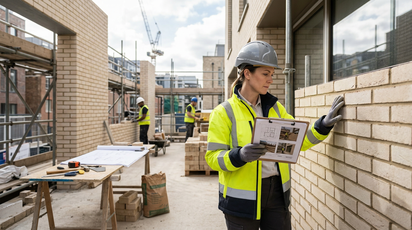 A female construction worker in a yellow safety jacket and gray helmet inspecting a brick wall at a construction site. She is holding a clipboard with construction plans. Three other workers are in the background working on the building.