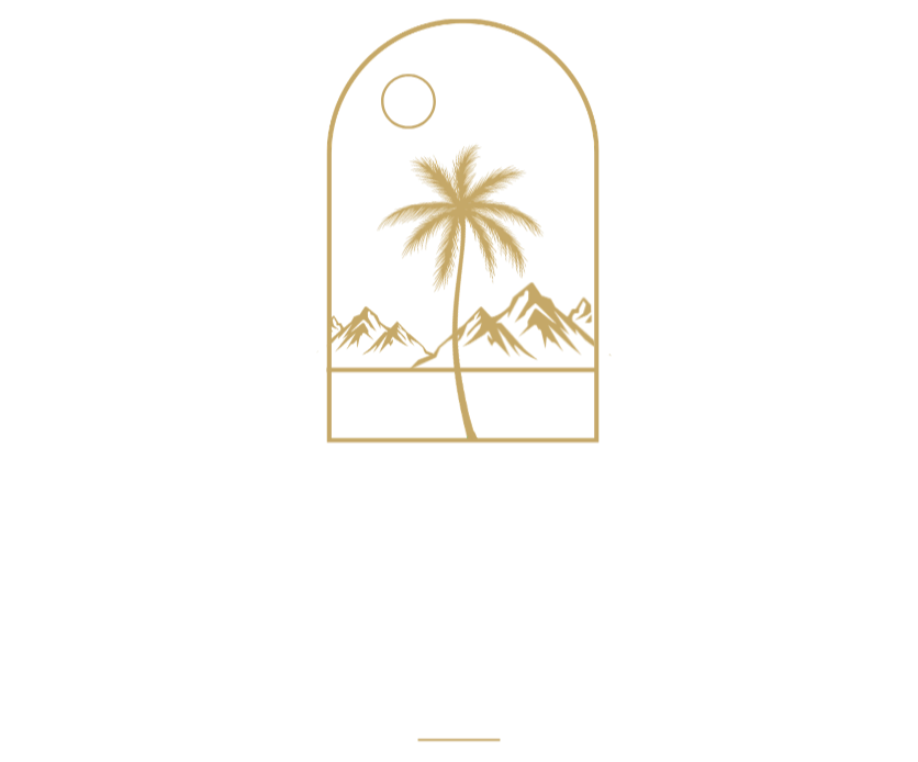 A logo for Fitz Travels featuring a gold outline of a door with a palm tree, mountains, a circle and a small sun or moon inside, and the text 'Fitz Travels' below.