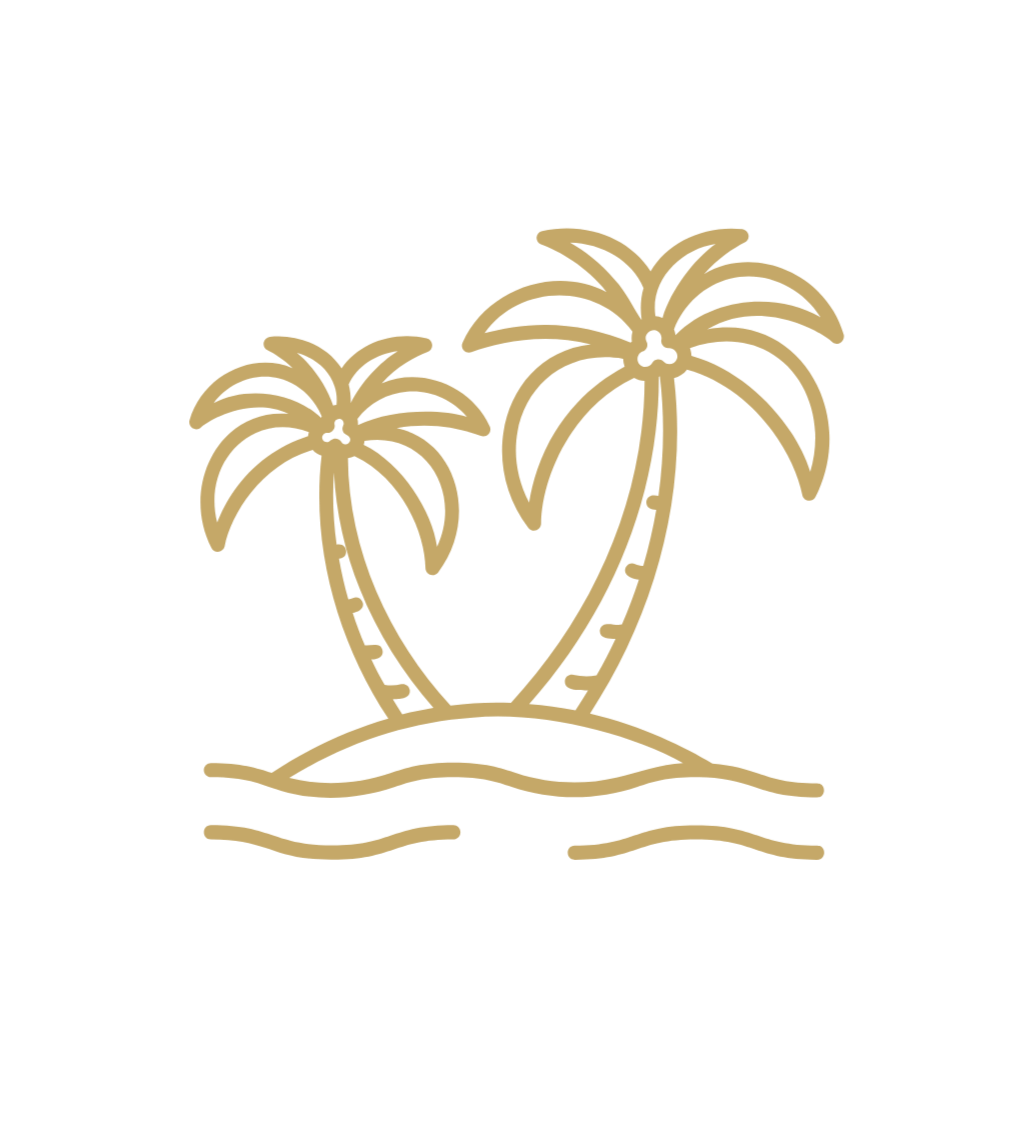 Minimalist line drawing of two palm trees on a small island with waves, gold on black background.