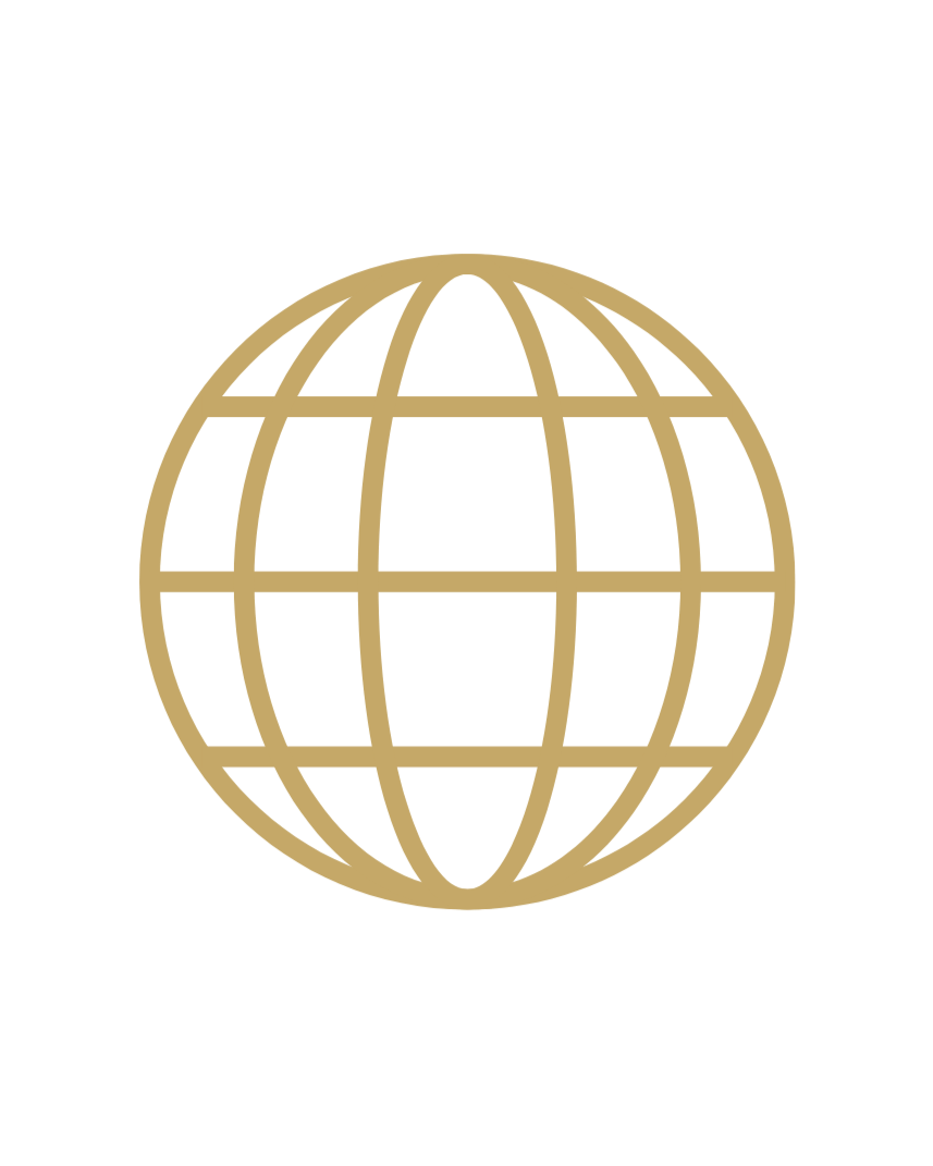 A simple gold globe icon on a black background.