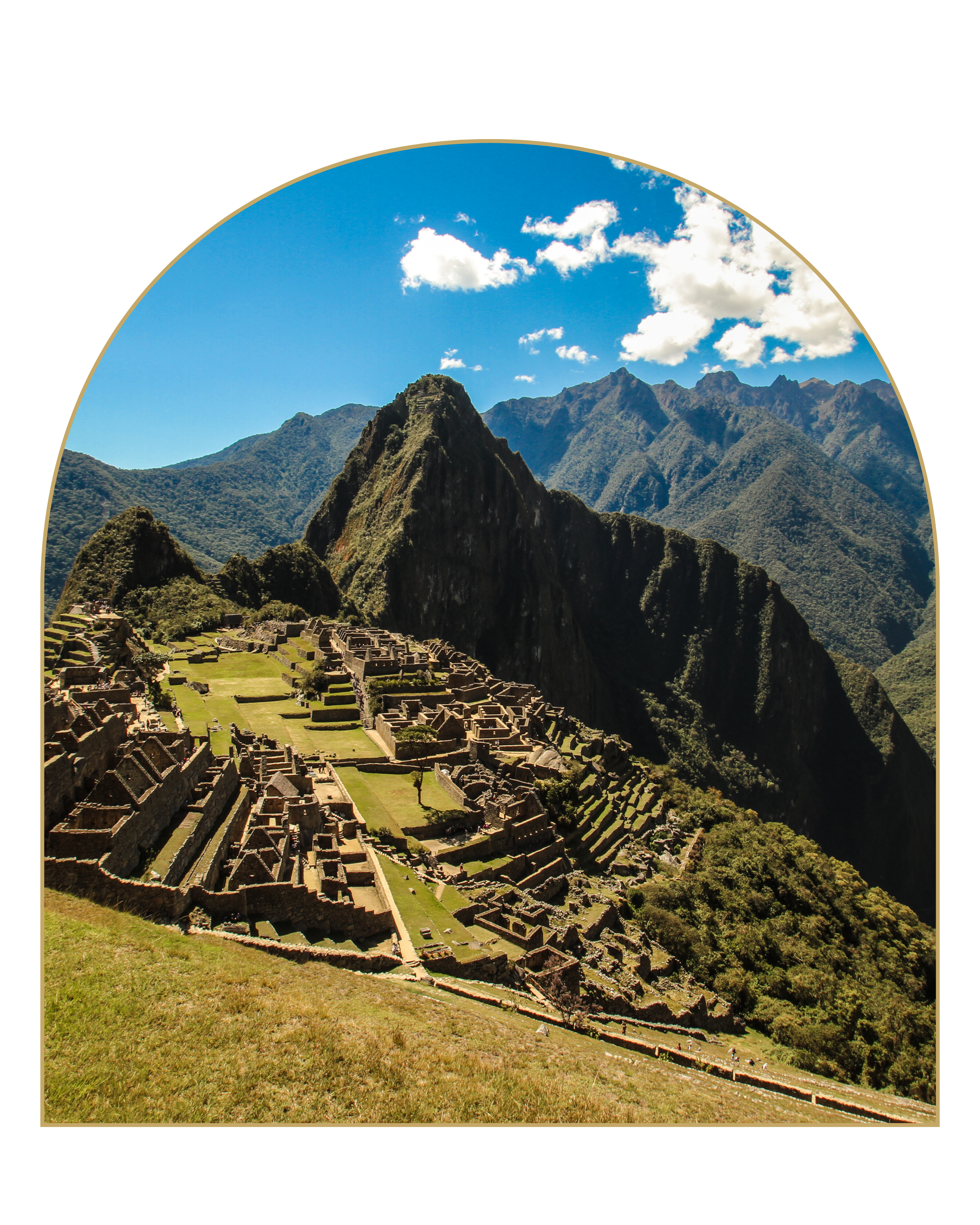 View of Machu Picchu ruins with ancient stone structures and terraces on green mountains under a blue sky with scattered clouds.