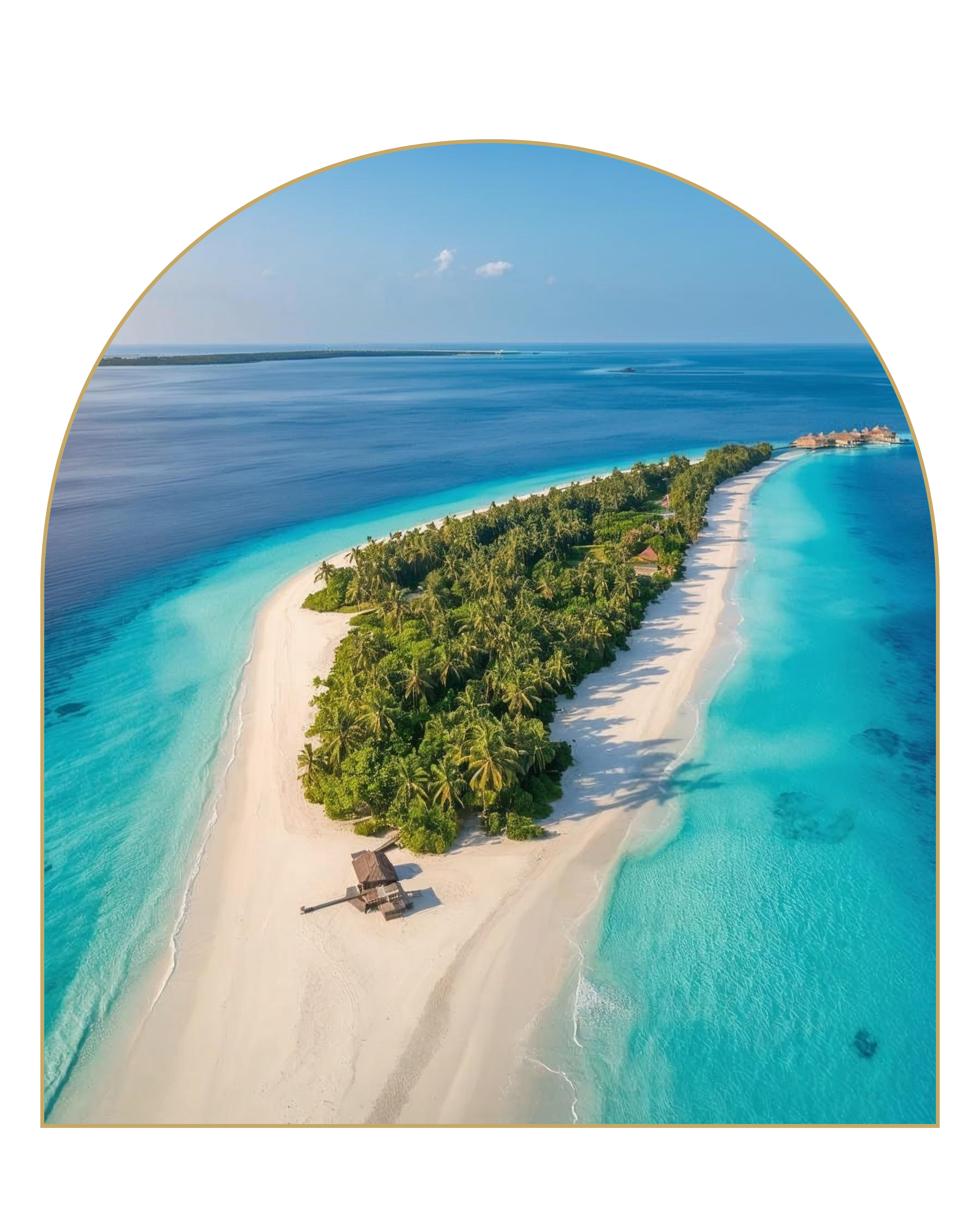 Aerial view of a tropical island with white sandy beaches, lush green palm trees, and turquoise waters, under a clear blue sky.