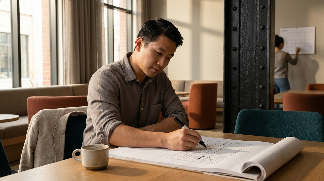 A man sitting at a wooden table in a modern, well-lit interior, reviewing and annotating architectural blueprints with a black marker. A coffee mug is placed on the table beside the blueprints. In the background, a woman is writing on a whiteboard.