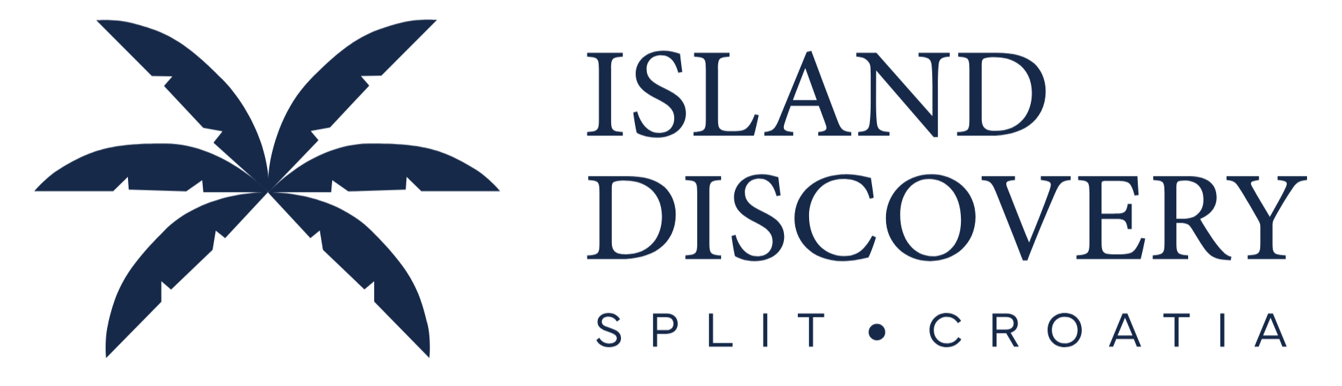Logo for Island Discovery with a stylized dark blue palm tree to the left and the text 'Island Discovery Split Croatia' to the right, with 'Split' and 'Croatia' separated by dots.