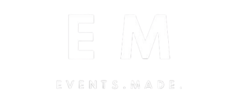 White text on black background with large letters 'E M' and smaller text below that reads 'EVENTS MADE'.