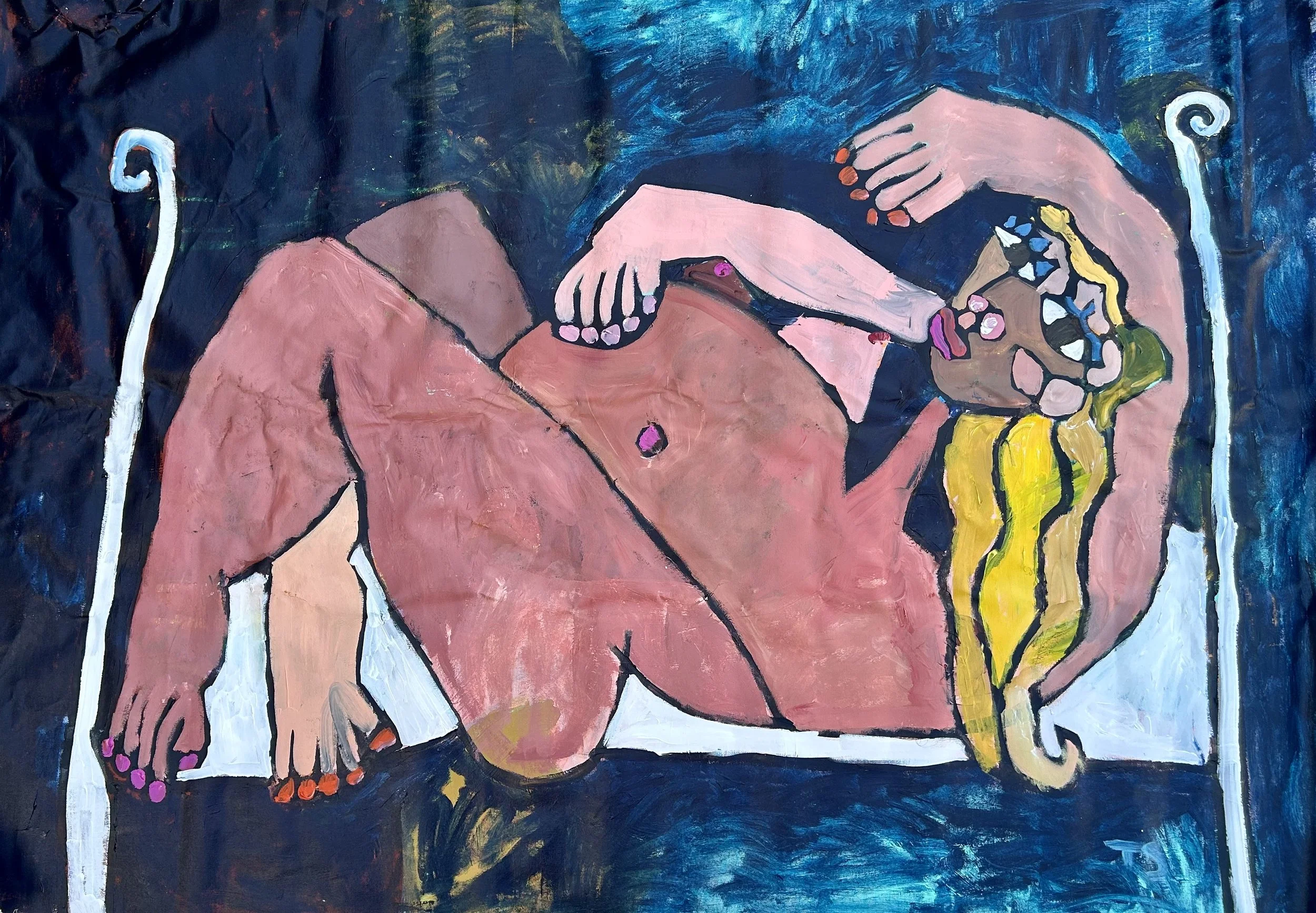 Abstract painting of a nude woman lying on her side, with long dark hair, surrounded by colorful and bold brushstrokes.