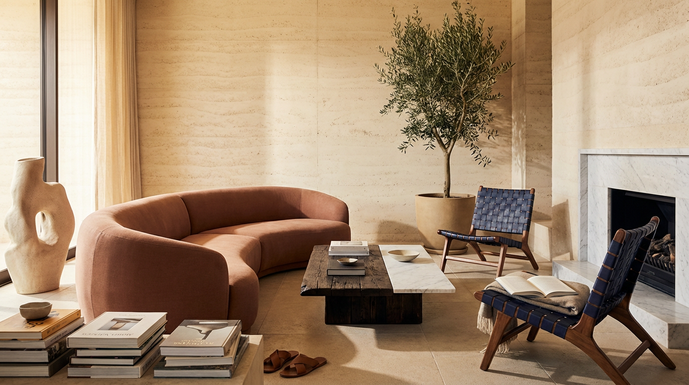 Interno di un soggiorno arredato con divano rosa, due sedie di legno con cinghie blu, una grande pianta in vaso, una libreria con libri e un camino in marmo