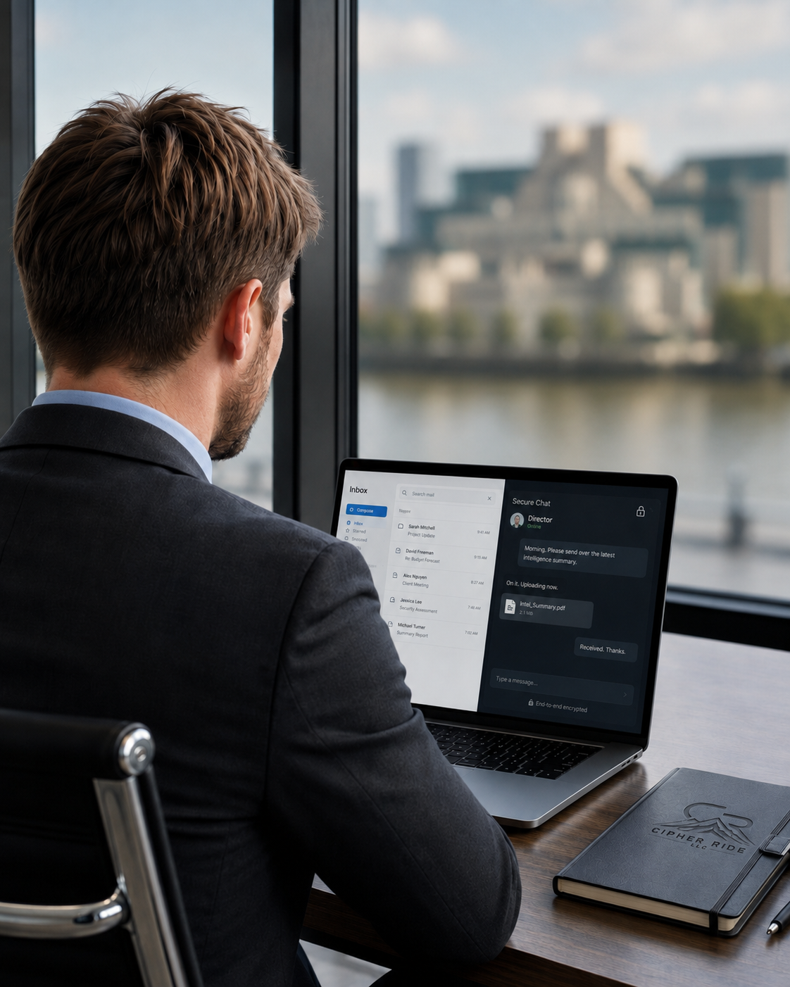 A man sitting at a desk using a laptop, with a cityscape view outside through a large window.