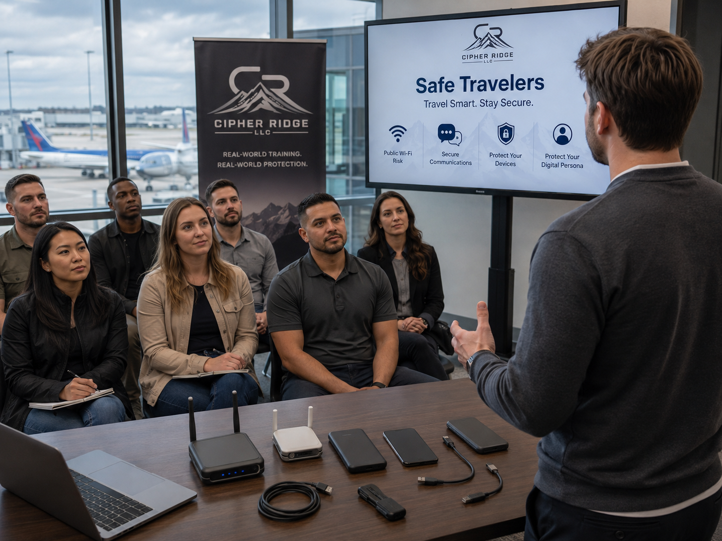 A man giving a presentation on cybersecurity to a group of people at an airport lounge, with a large screen displaying a safety briefing about travel security.