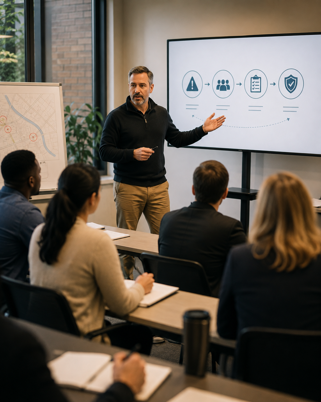 A man giving a presentation to a group in a conference room. The presentation includes a flowchart with icons of an exclamation mark, people, a checklist, and a shield.