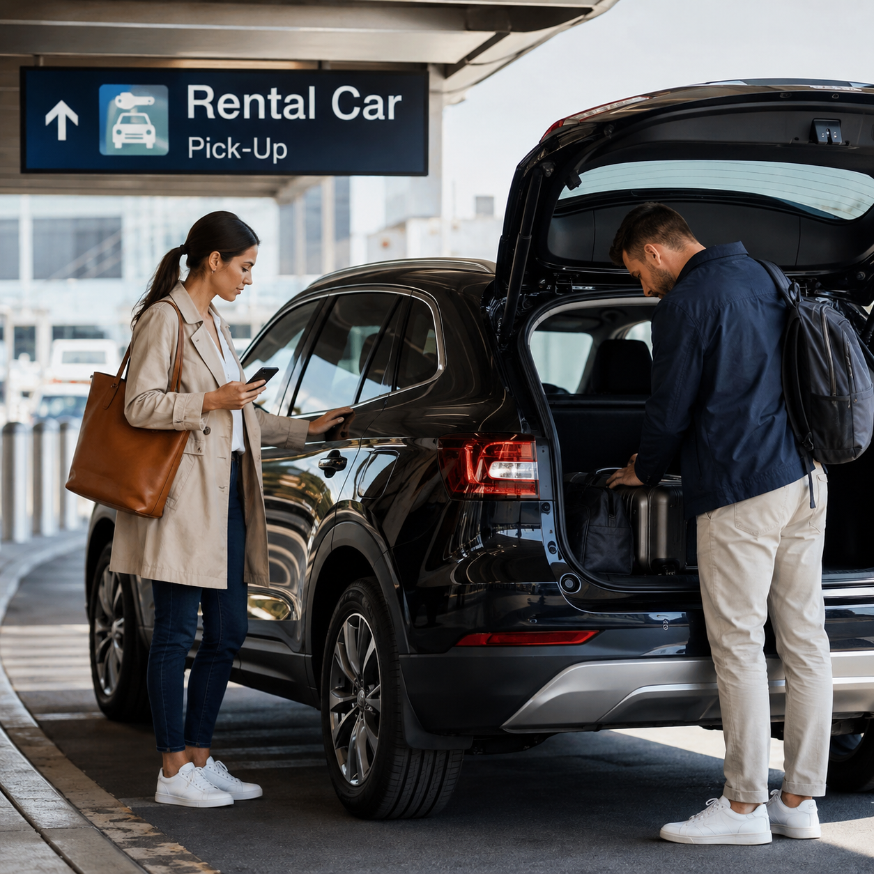 A woman and a man at an airport rental car pick-up area, standing next to a black SUV. The woman is using her phone, while the man is packing a bag into the trunk of the car.