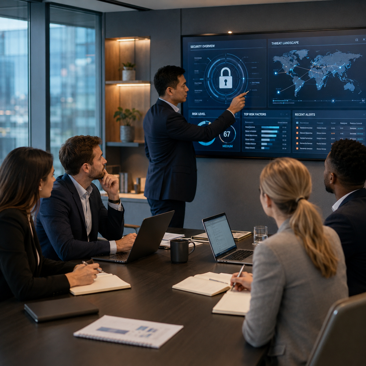 Business meeting in a conference room with a presenter pointing at a digital screen displaying security and threat data, surrounded by five professionals taking notes and using laptops.