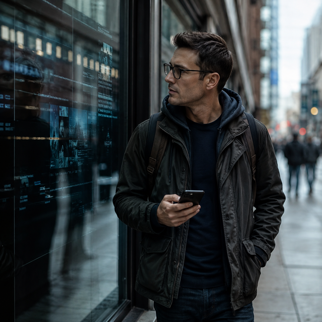Man in dark jacket, glasses, and backpack standing on city sidewalk, looking at digital information display on building.