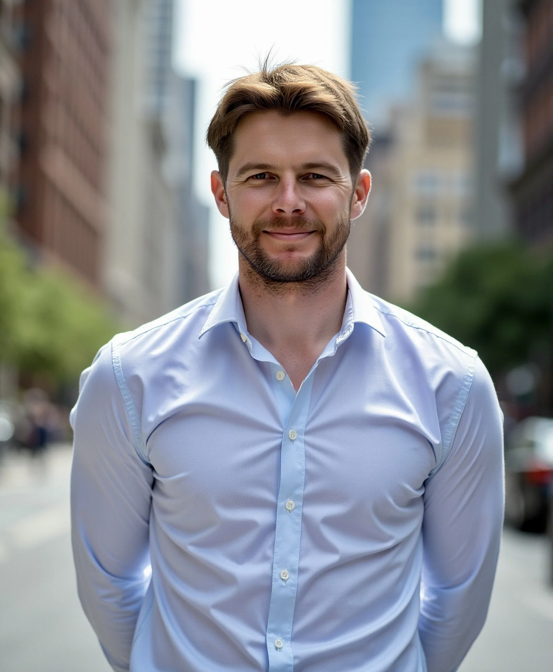 Close-up of a smiling man with short brown hair and a beard, wearing a light blue dress shirt. He is outdoors in a city setting with blurred buildings in the background.