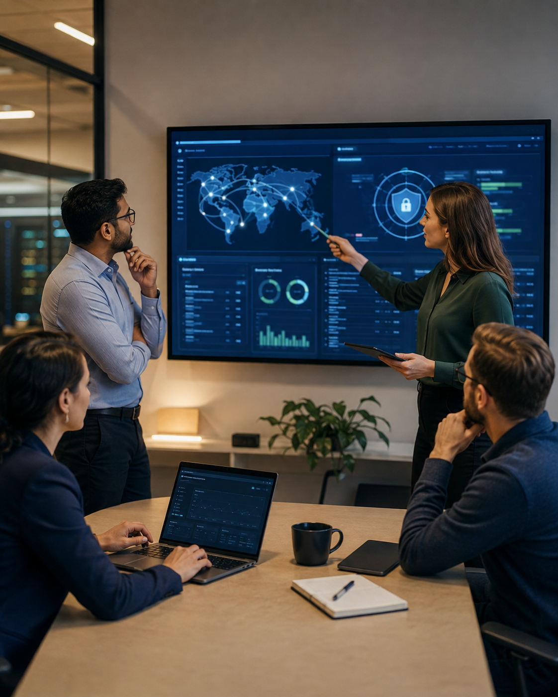 Business meeting with four people in a conference room; a woman is presenting cybersecurity data on a large screen, while a man listens thoughtfully, three others are seated at the table with laptops and notebooks.