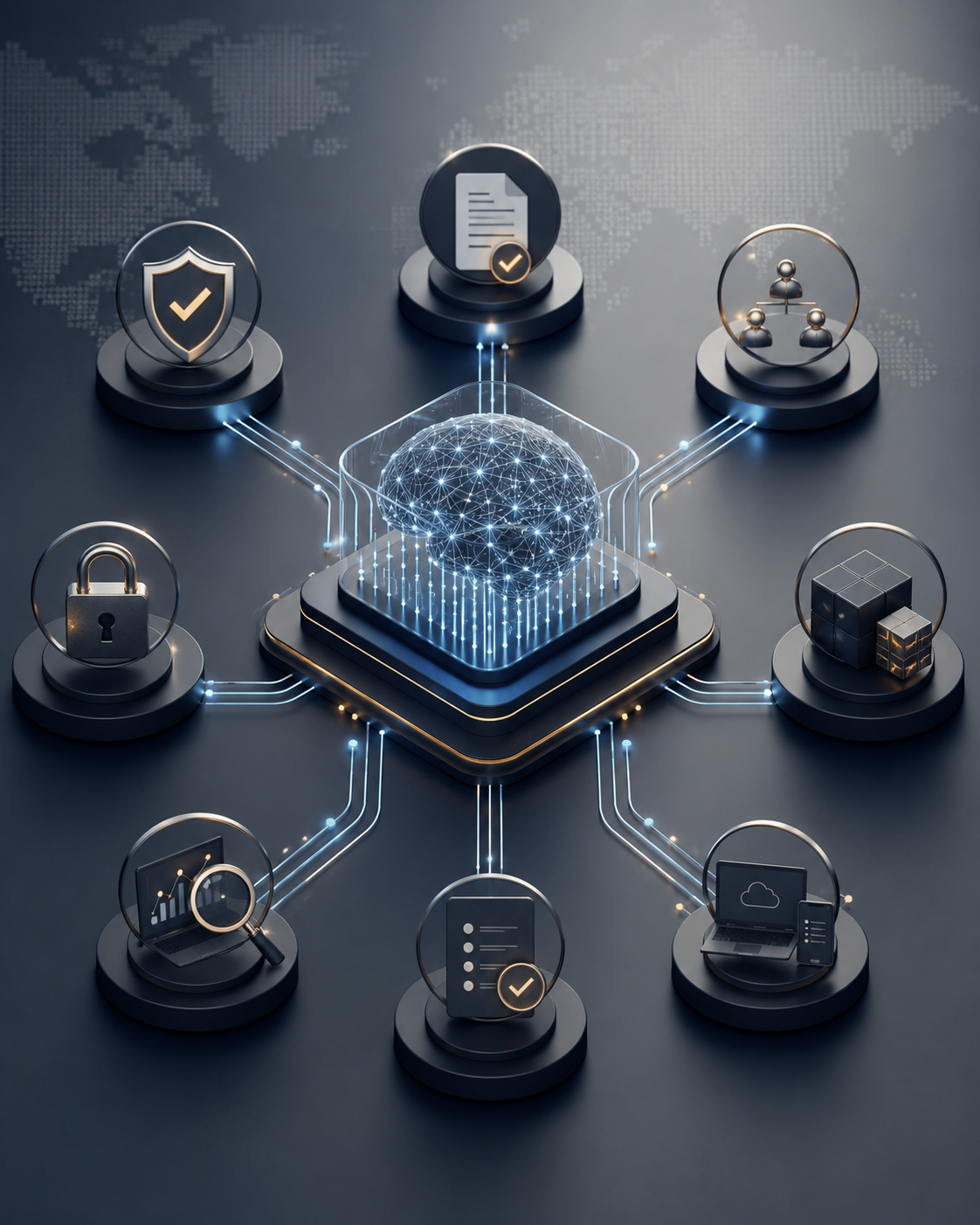 Digital illustration of a central holographic brain connected to various icons representing security, documents, users, lock, cubes, analytics, checklist, and cloud technology, with a world map in the background.