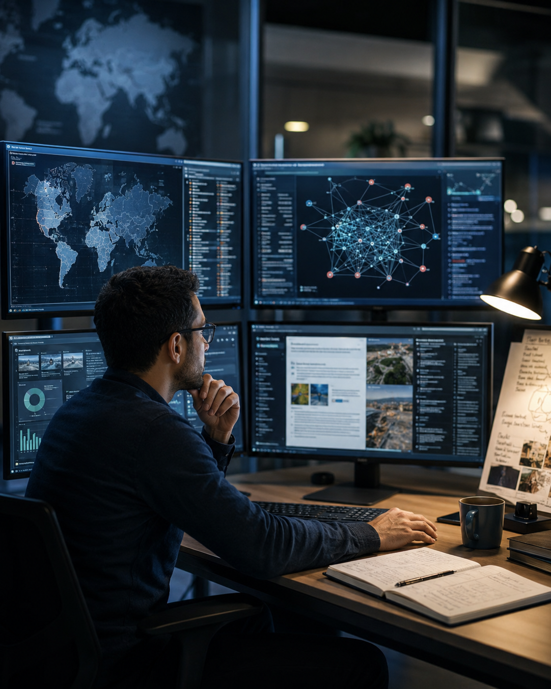 A man in glasses working at a desk with multiple monitors displaying world maps, data visualizations, and network graphs.