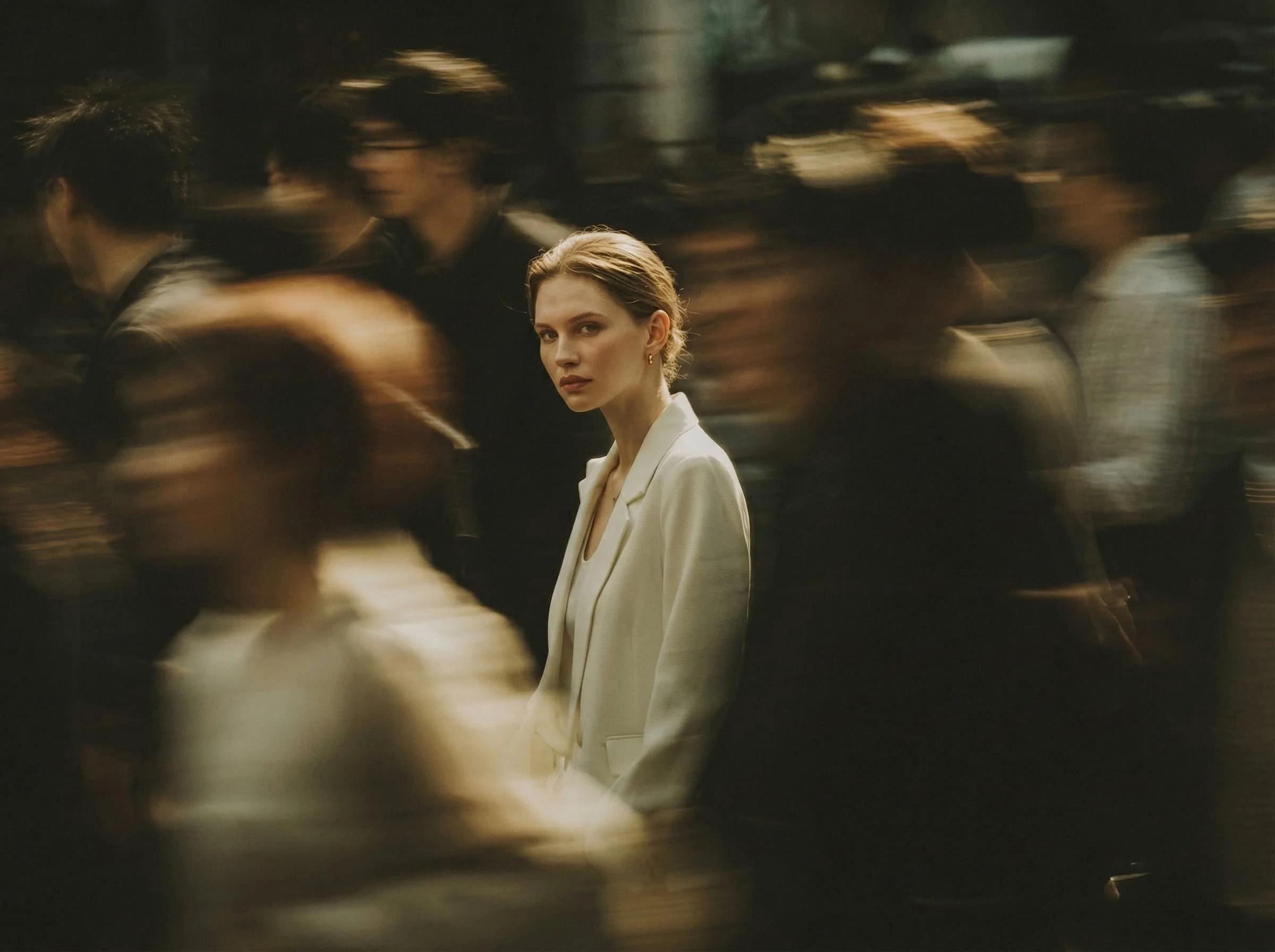 A female executive leader navigating a fast-paced urban corporate environment; talent acquisition for modern markets.