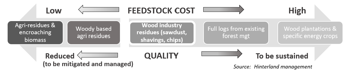 Flowchart showing the relationship between feedstock cost and quality for biomass sources, ranging from low to high in cost and quality, with categories like agri-residues, woody residues, forest logs, and energy crops, based on Hinterland management.