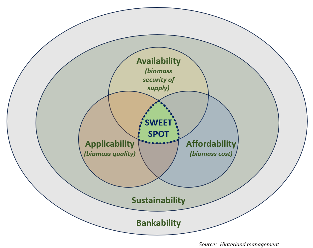 A Venn diagram illustrating the relationship between sustainability factors with a central area labeled 'Sweet Spot' where availability, applicability, and affordability intersect. Surrounding layers represent sustainability and bankability.