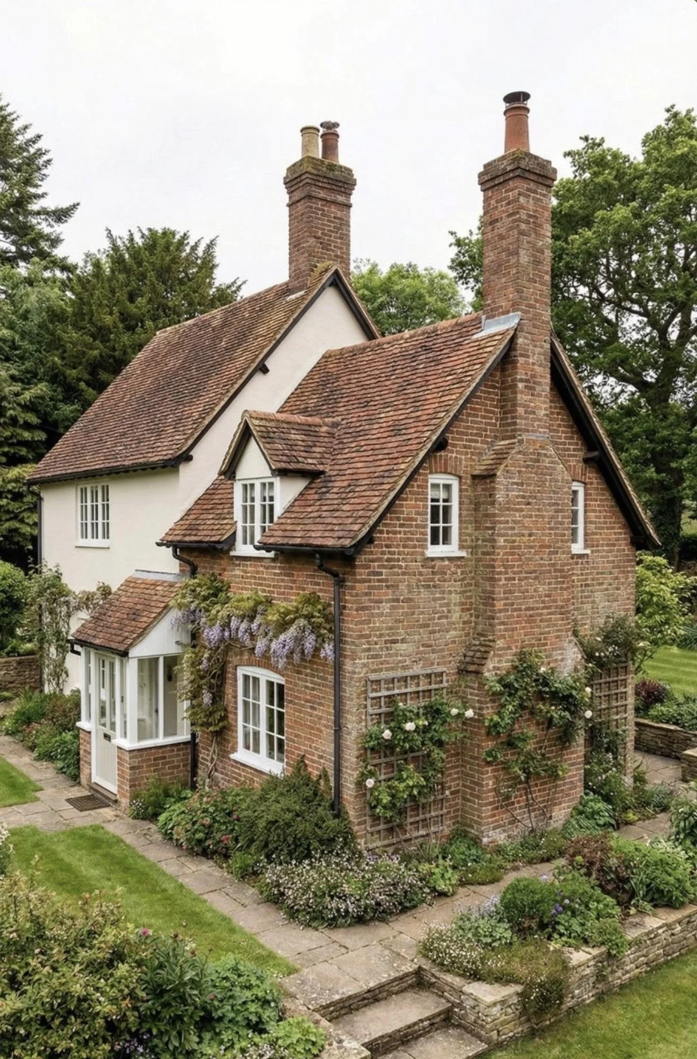 A traditional English cottage with red brick walls, white window frames, a red tiled roof, and two large brick chimneys. There is a well-maintained garden with flowering plants, shrubs, and a stone pathway.