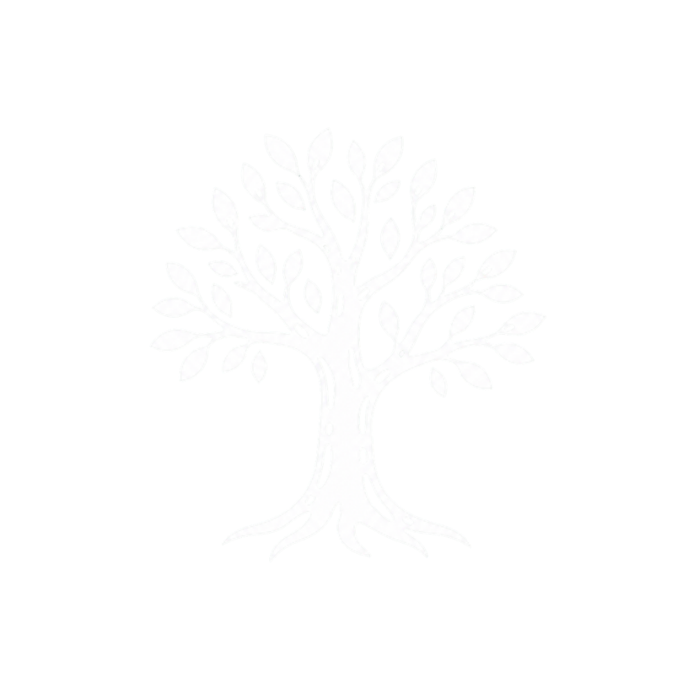 Un arbre blanc stylisé avec des branches et des feuilles sur un fond noir.
