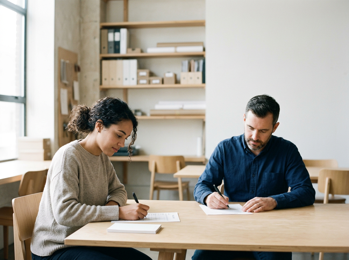 Twee mensen schrijven op papiertjes aan een houten tafel in een ruimte met boekenkasten op de achtergrond.