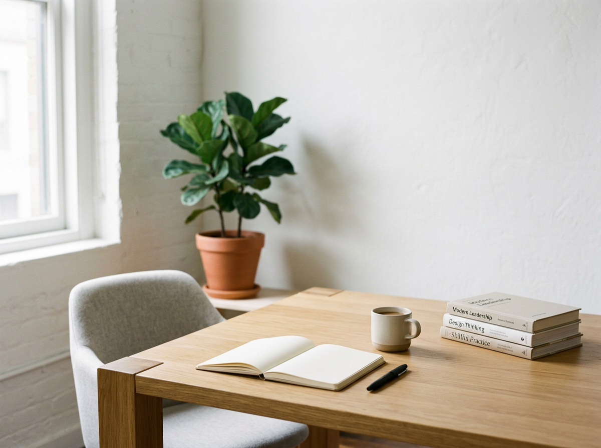 Een houten tafel met een open boek, een pen, een koffiemok en een stapel boeken, in een lichte kamer met een plant en een raam.