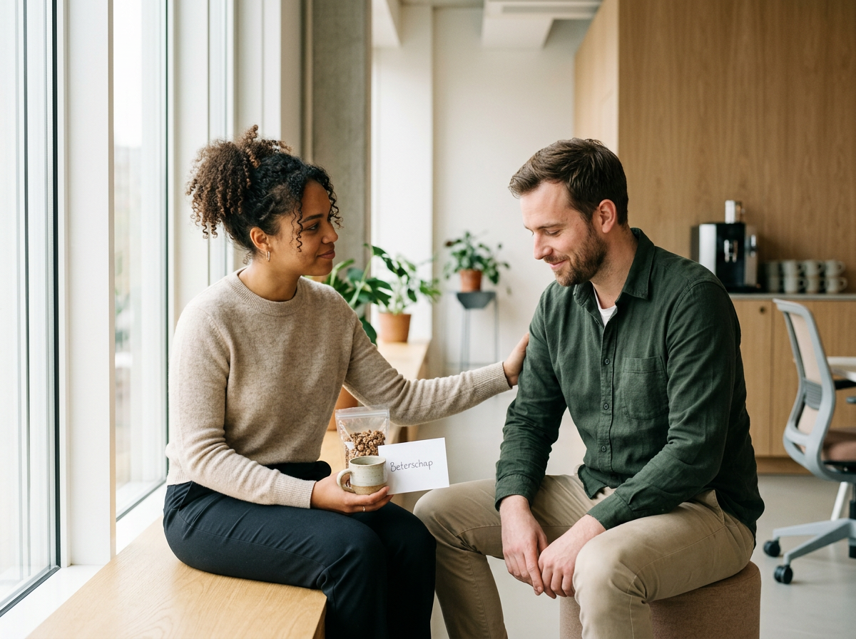 Vrouw biedt man een stuk papier met het woord 'Beterschap' aan, in een kantoorruimte met planten op de achtergrond.