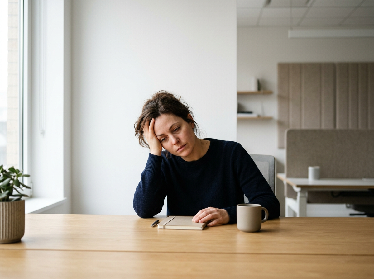 Vrouw met bruin haar in een zwart truitje zit aan een houten tafel, haar hoofd rust op haar hand, met een verontrustende of moeizaam uitziende uitdrukking. Voor haar liggen een niet-ontvouwde notitieblok en een pen, en er staat een kopje koffie naast haar.