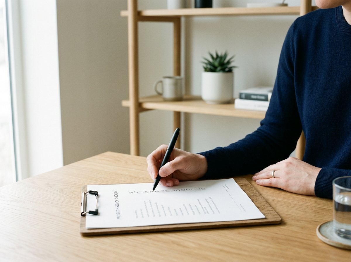 Persoon schrijft op een sollicitatieformulier dat op een houten tafel ligt, met een glass water en planten op de achtergrond.