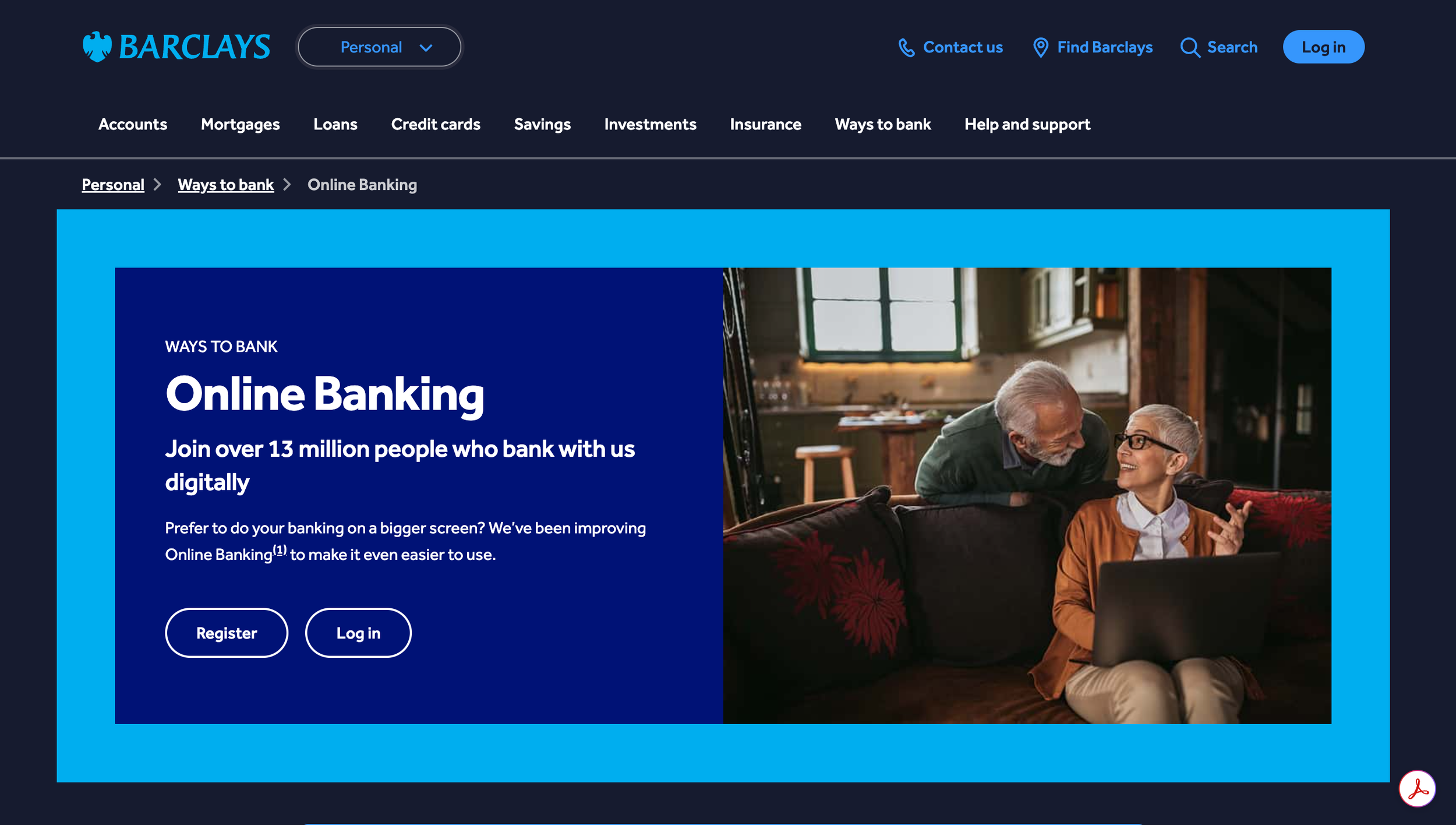 Barclays online banking webpage with a photo of an elderly man and woman smiling and using a laptop in a cozy home setting.