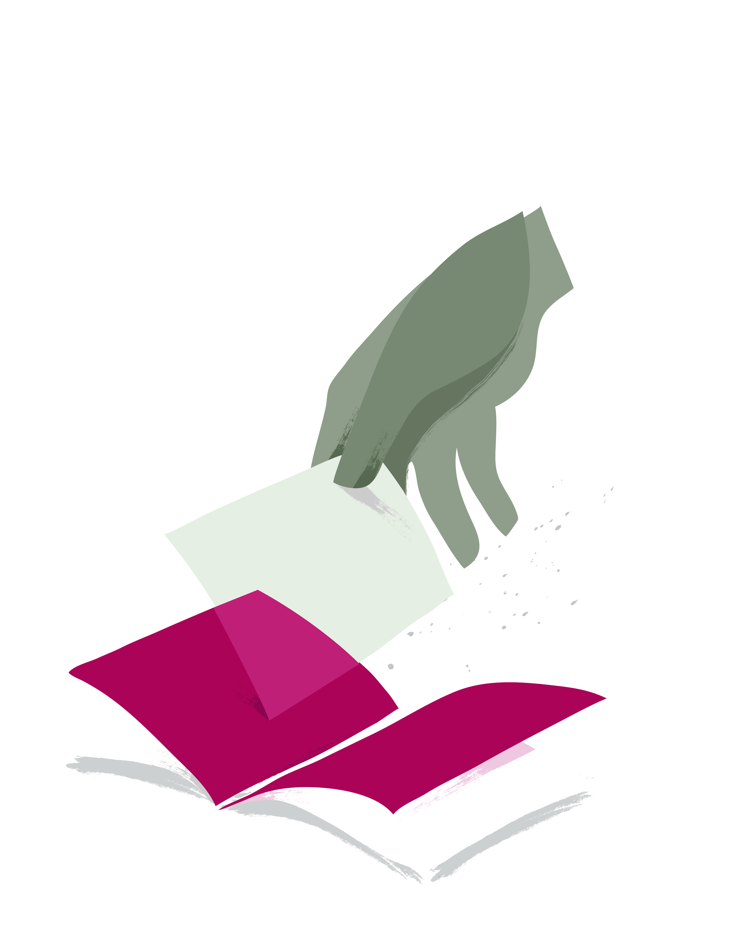 A close-up of a partially opened book with purple and pink pages, against a white background.