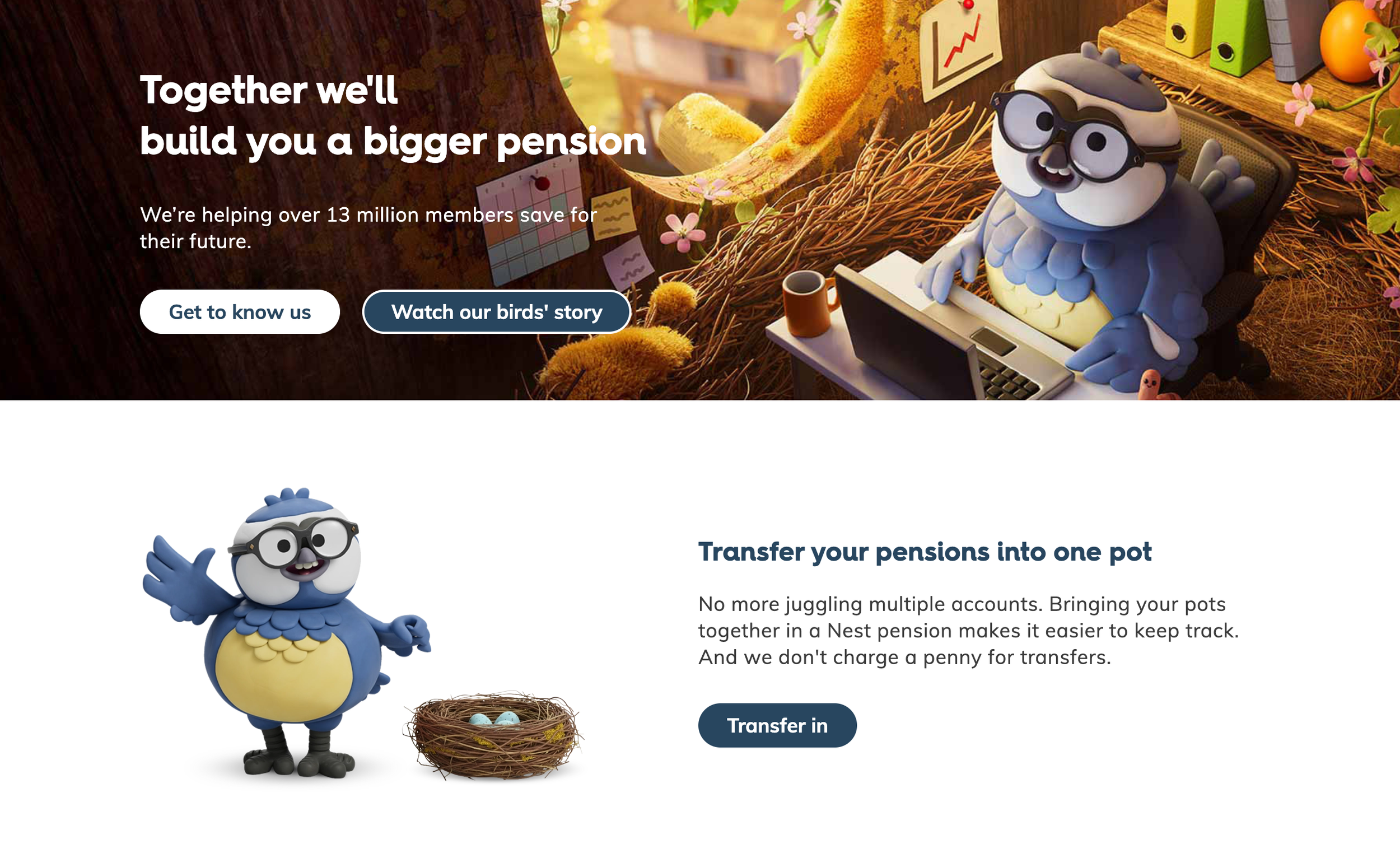 Nest webpage with cartoon owl wearing glasses sitting at a desk with a laptop, surrounded by colorful files and decorations