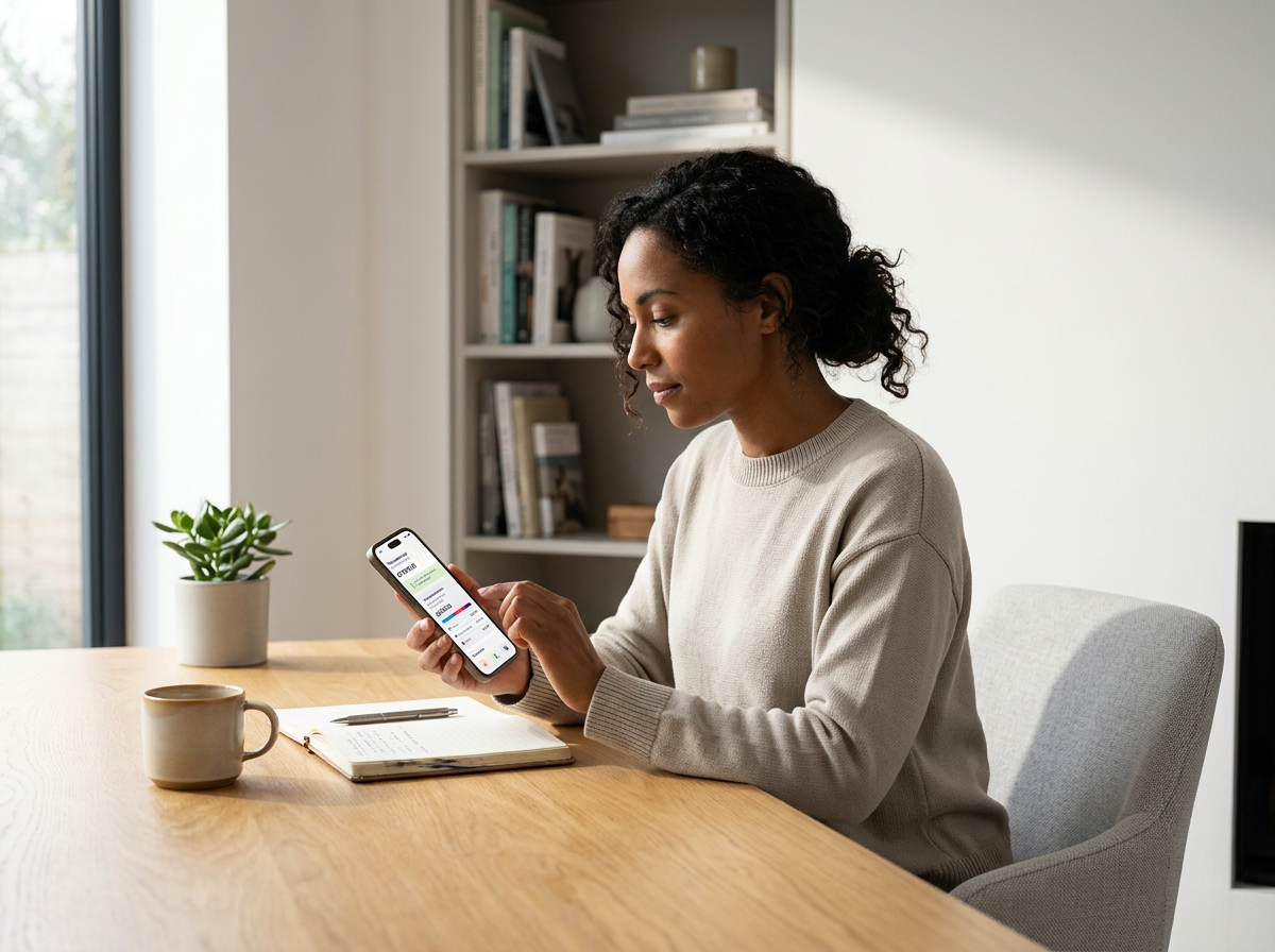 A woman sitting at a wooden table using a smartphone, with a notebook, pen, mug, and potted plant in the surroundings.
