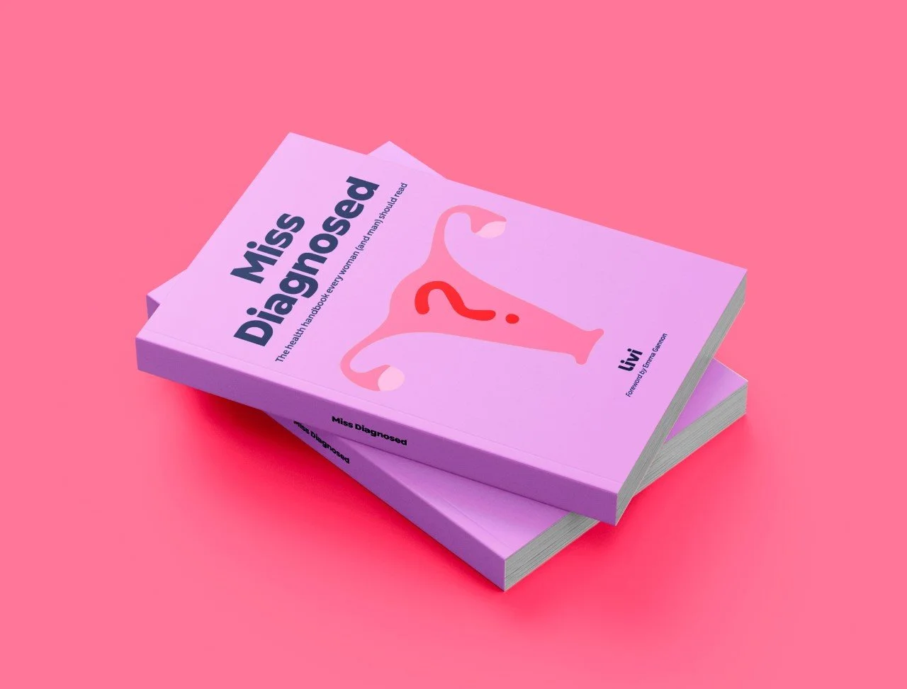 A pink book titled 'Miss Diagnosed' with an illustration of a uterus with a question mark on it, placed on a pink background.