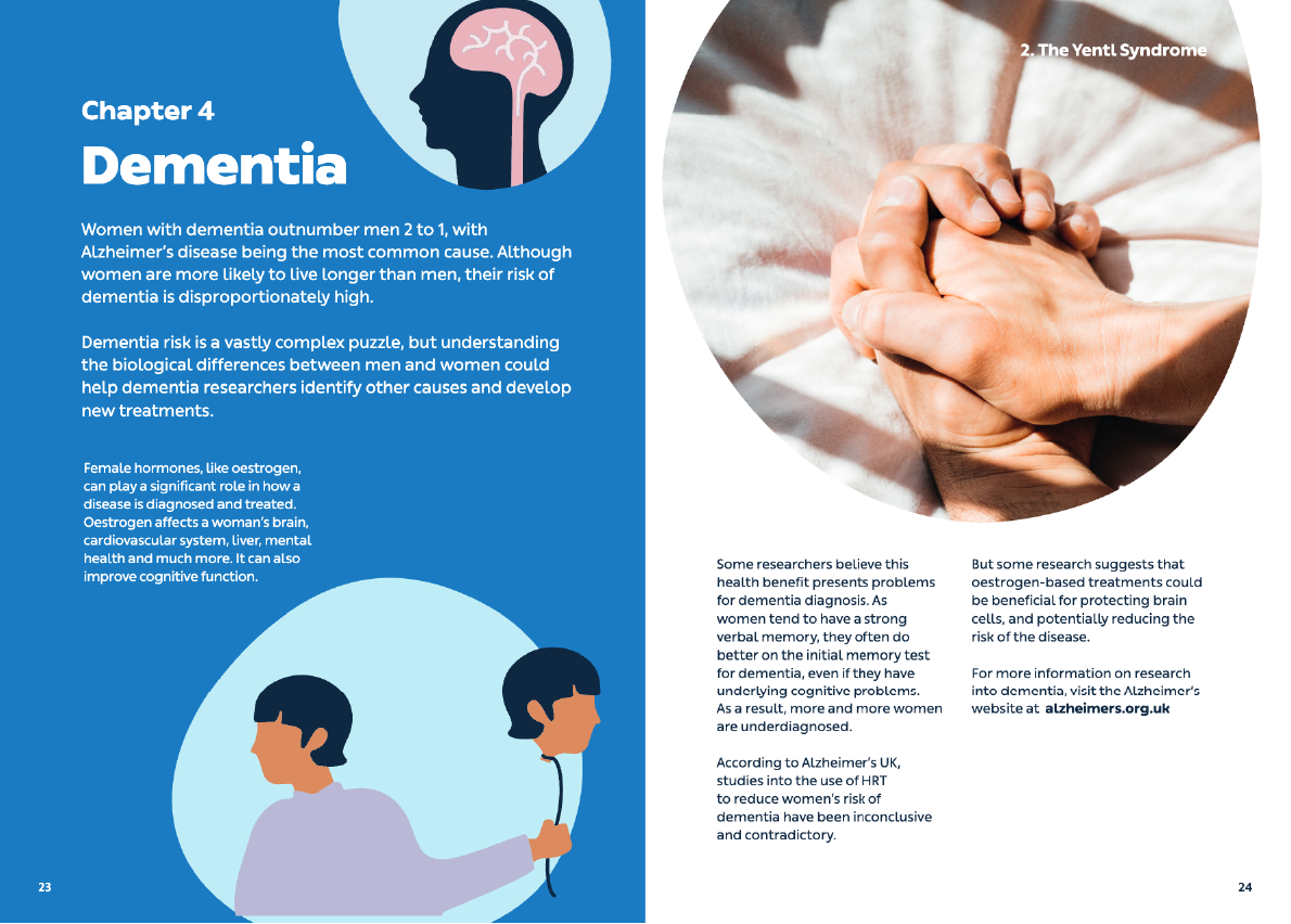 Pages from a health informational booklet about dementia, featuring a chapter title, a silhouette of a person’s head with a brain illustration, a close-up photograph of hands intertwined, and an illustration of a healthcare worker with a stethoscope.