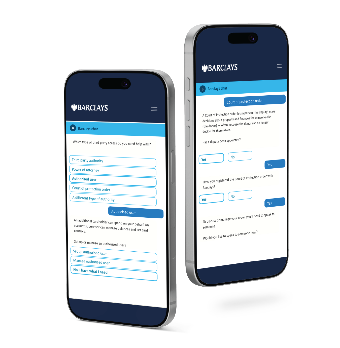 Two smartphones displaying Barclays chat interface with questions about third-party authority and court orders.