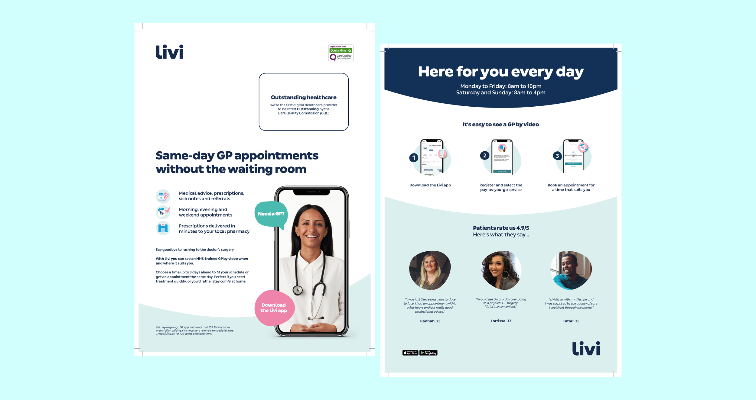 Two informational flyers about healthcare services. The left flyer discusses same-day GP appointments via the Livi app, highlighting features like prescriptions delivered to pharmacies. The right flyer promotes booking general practitioner appointments through videos, with step-by-step instructions, patient ratings, and testimonials.
