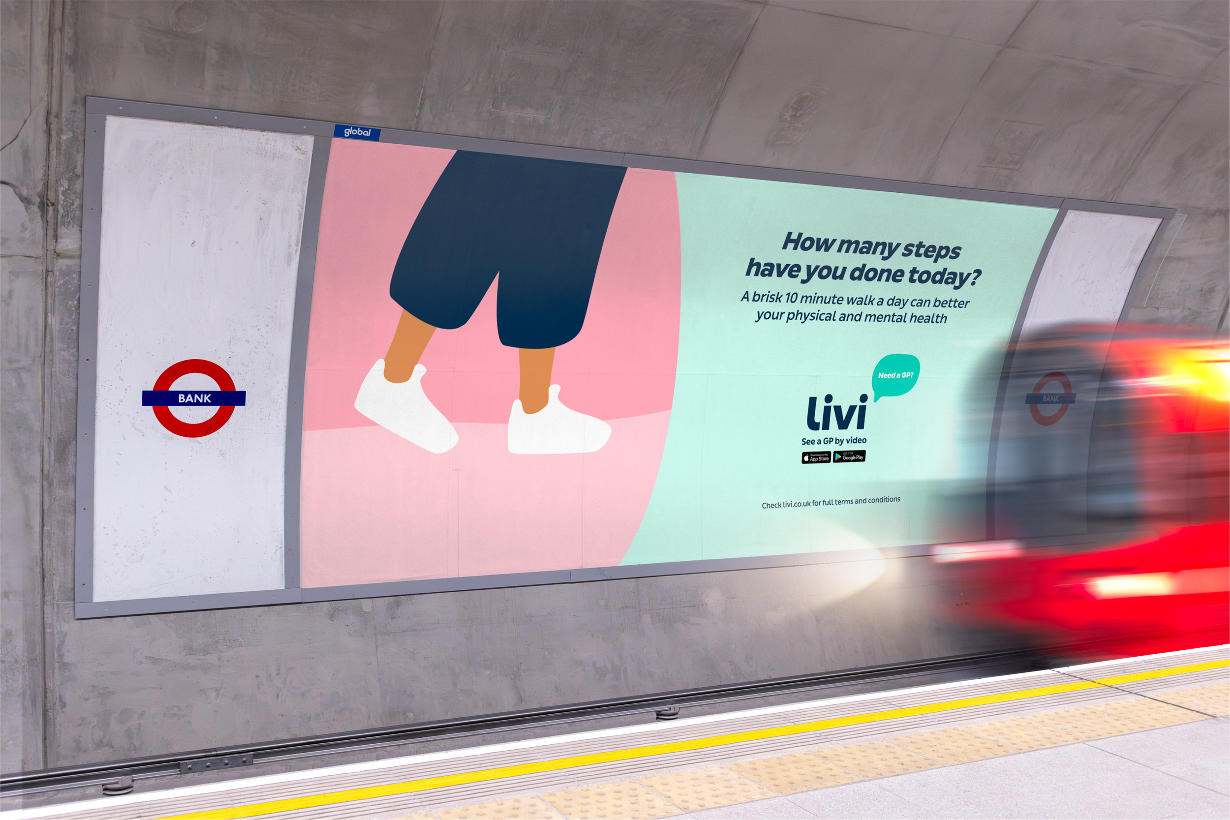 An advertisement on a wall outside a train station with a pink background showing a person with 10,000 steps. The text asks "How many steps have you done today?" and suggests a 10-minute walk can improve health. There is a logo of the London Underground and app store icons about seeing a GP by video.