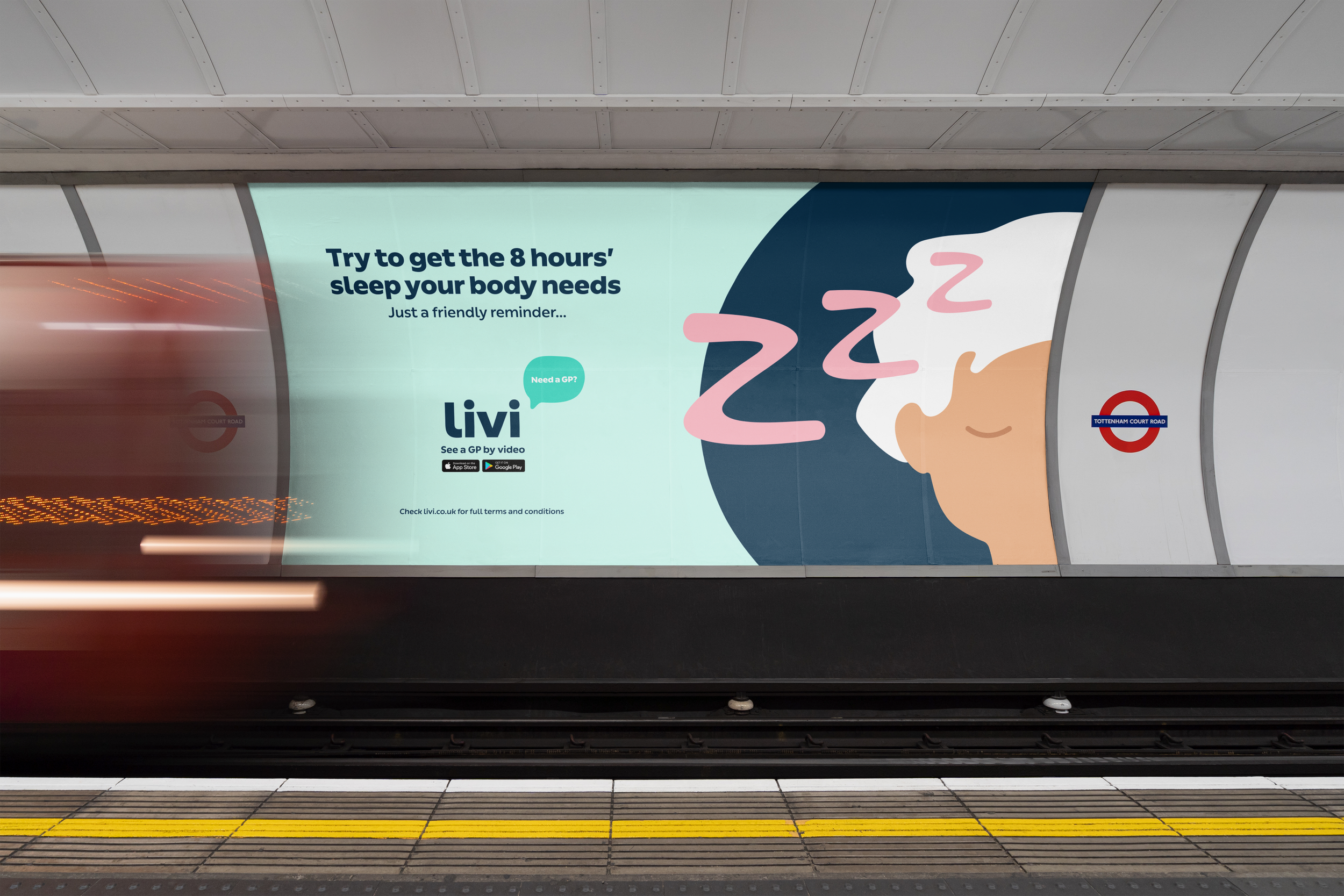 A screen inside a London tube station displaying an advertisement for a healthcare app called Livi, encouraging sleep with the message: 'Try to get the 8 hours' sleep your body needs.