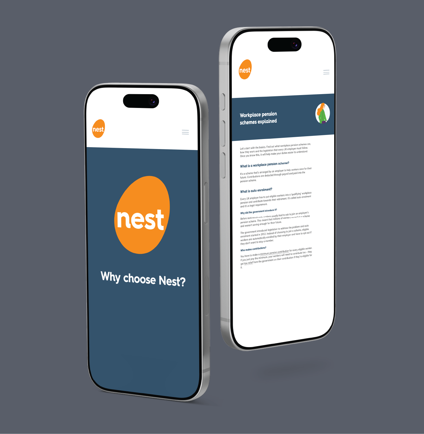 Two smartphones displaying the Nest app, with one showing the logo and the other displaying a webpage about workplace pension schemes.