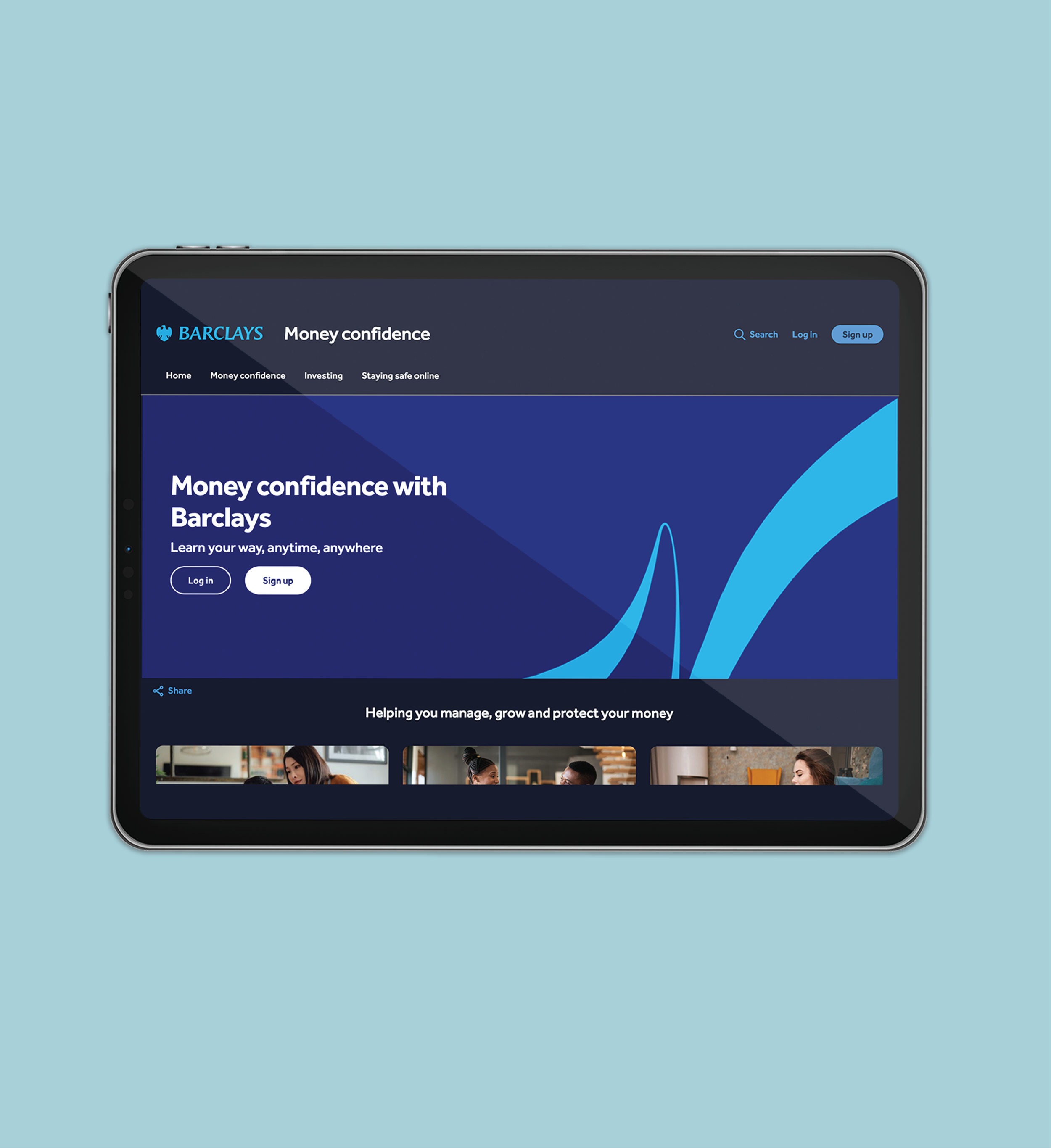 A mobile device displaying the Barclays online banking dashboard with options such as Home, Money Confidence, Investing, and Staying Safe Online, set against a light teal background.
