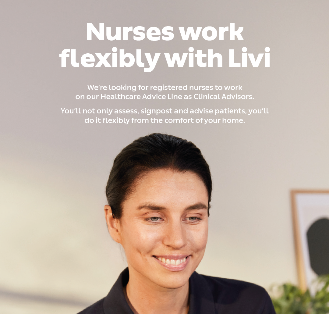 Website banner promoting flexible nursing work from home with a smiling woman in professional attire.