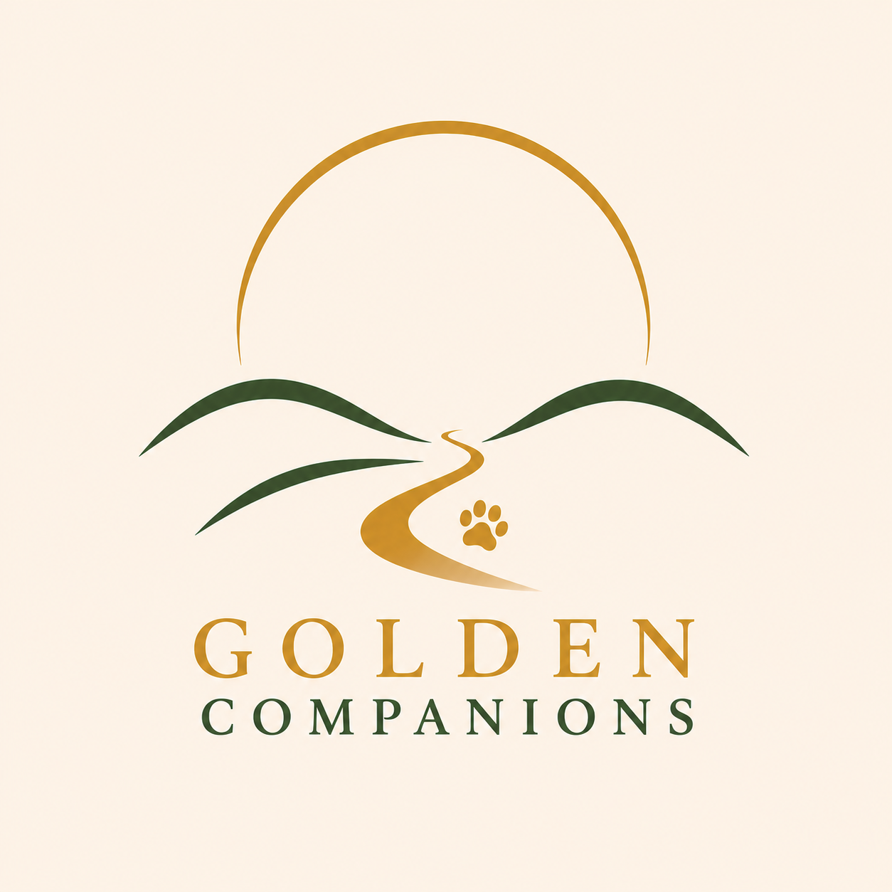 A logo with a sun, rolling path, and hills, with a paw print, and the words "GOLDEN COMPANIONS" beneath.