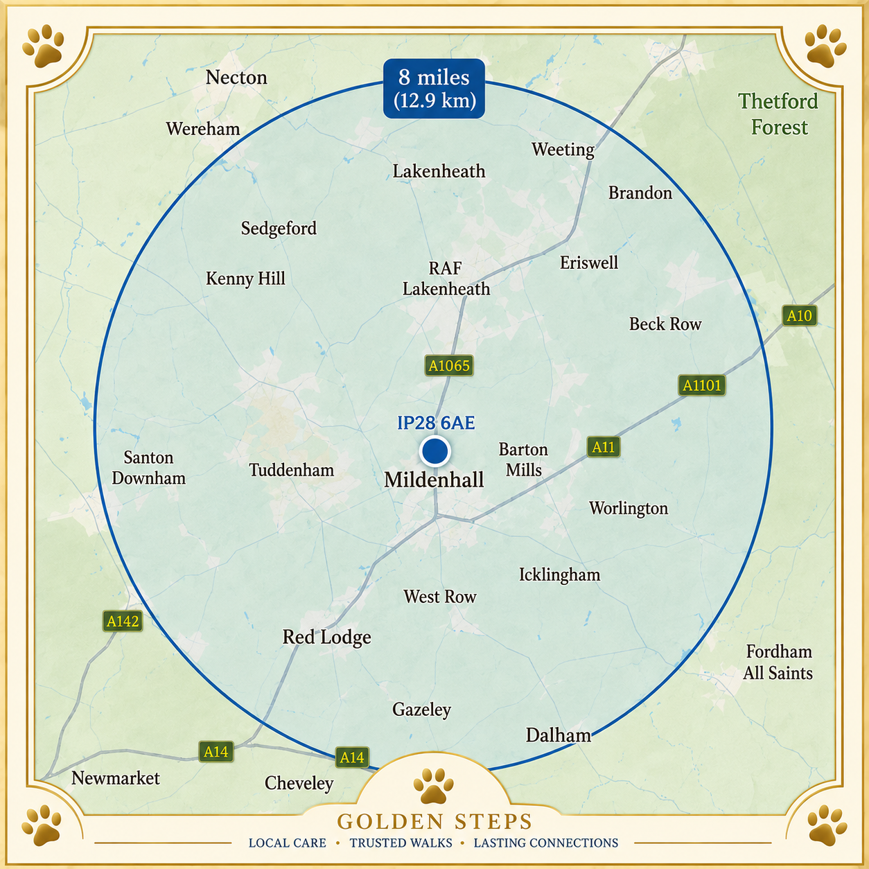 Map illustrating a 8-mile radius around Mildenhall, UK, showing nearby towns and roads, with a focus on local care and trusted walks.